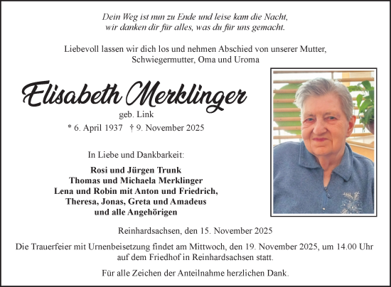 Traueranzeige von Elisabeth Merklinger von Fränkische Nachrichten