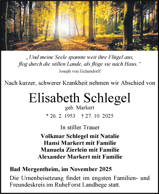 Traueranzeige von Elisabeth Schlegel von Fränkische Nachrichten