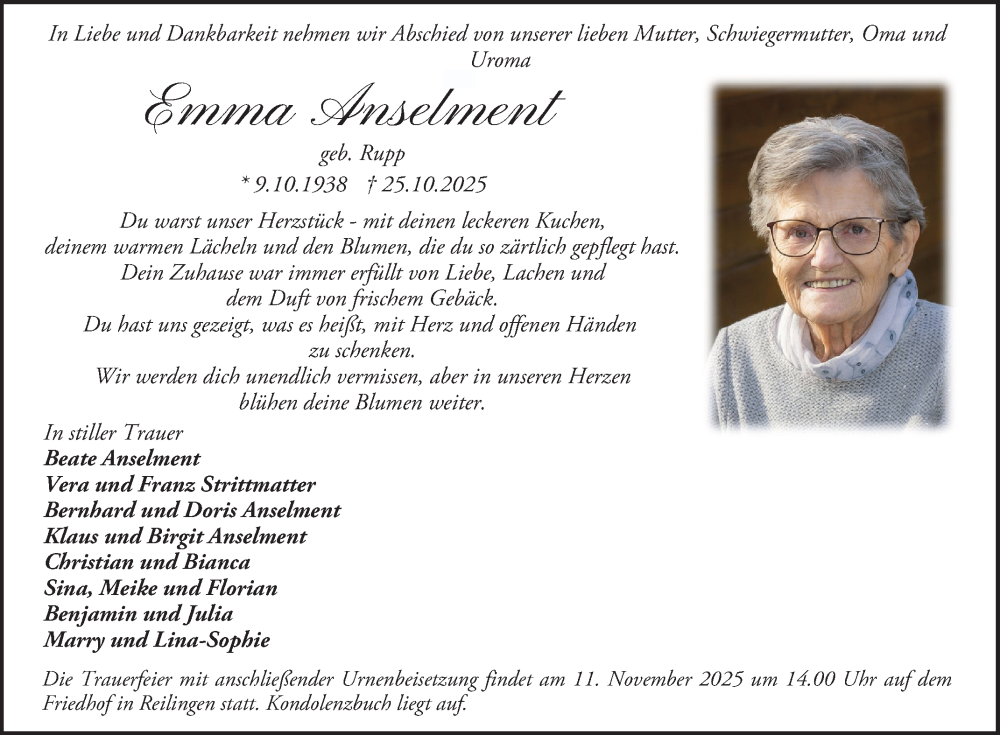  Traueranzeige für Emma Anselment vom 05.11.2025 aus Schwetzinger Zeitung