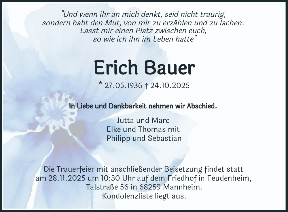 Traueranzeige für Erich Bauer vom 08.11.2025 aus Mannheimer Morgen