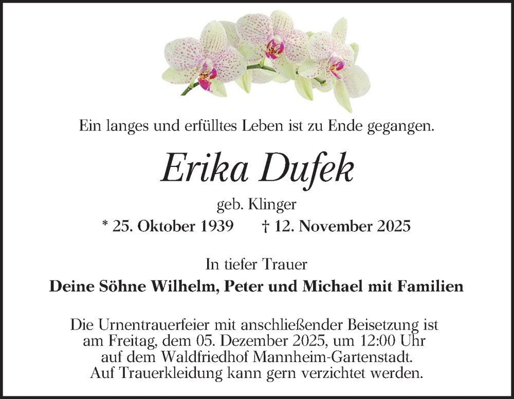  Traueranzeige für Erika Dufek vom 22.11.2025 aus Mannheimer Morgen