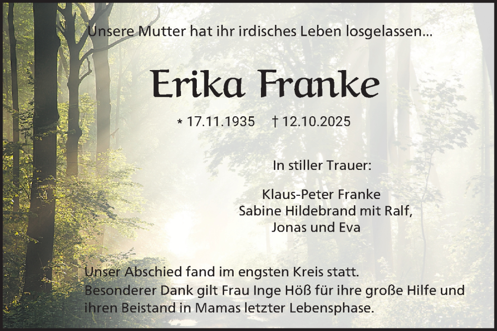 Traueranzeige für Erika Franke vom 15.11.2025 aus Mannheimer Morgen