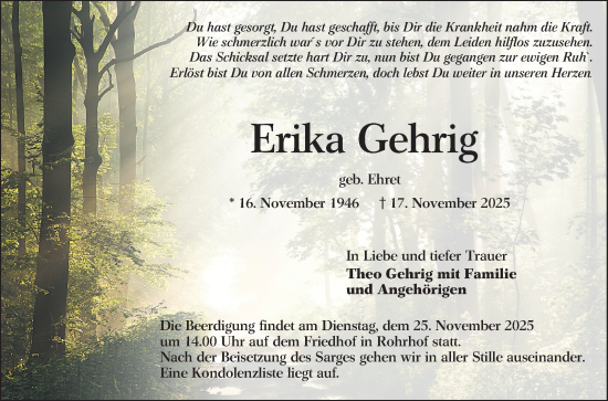 Traueranzeige von Erika Gehrig von Schwetzinger Zeitung