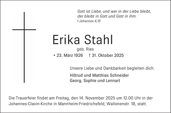 Traueranzeige von Erika Stahl von Mannheimer Morgen