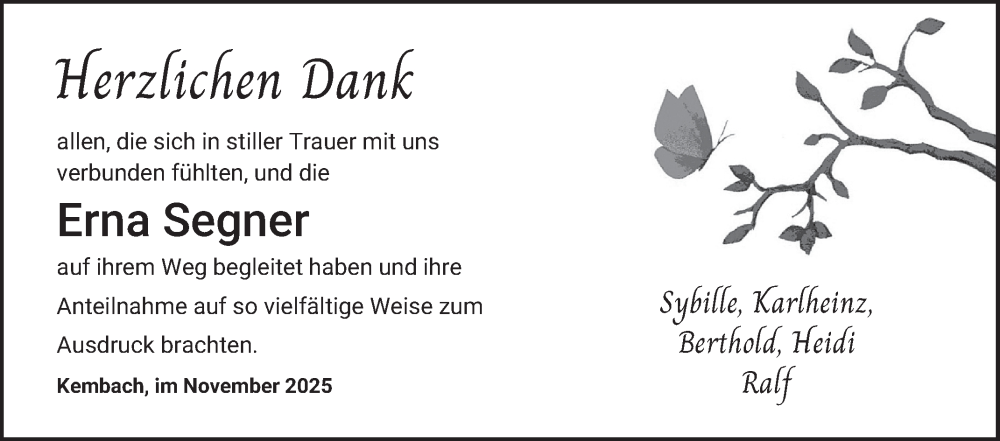  Traueranzeige für Erna Segner vom 08.11.2025 aus Fränkische Nachrichten