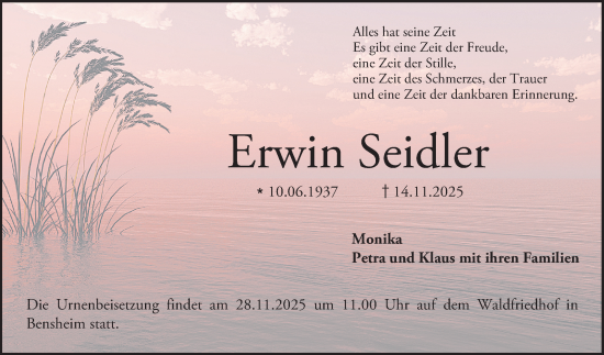 Traueranzeige von Erwin Seidler von Bergsträßer Anzeiger