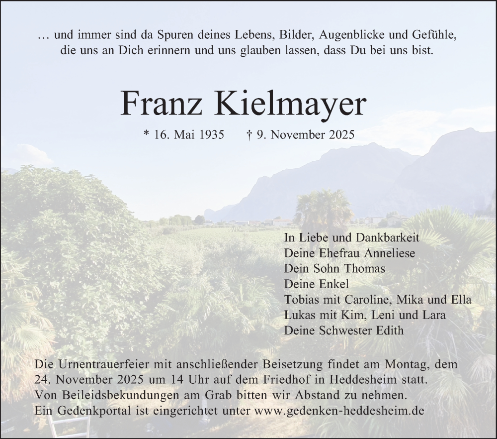  Traueranzeige für Franz Kielmayer vom 15.11.2025 aus Mannheimer Morgen