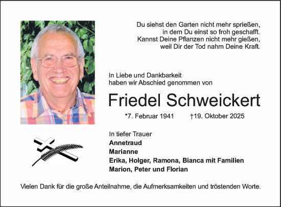 Traueranzeige von Friedel Schweickert von Bergsträßer Anzeiger