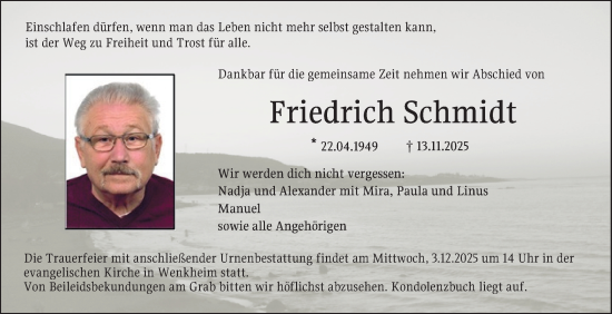 Traueranzeige von Friedrich Schmidt von Fränkische Nachrichten