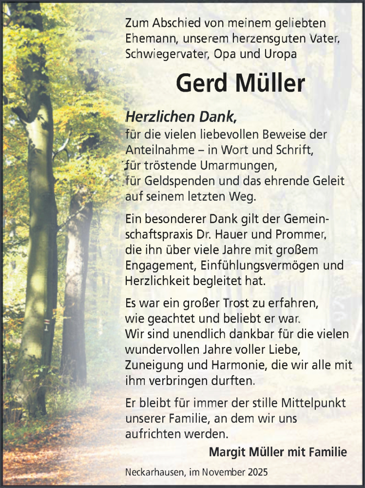  Traueranzeige für Gerd Müller vom 08.11.2025 aus Mannheimer Morgen