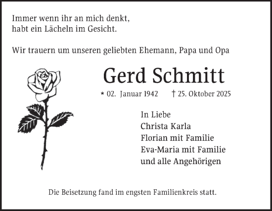 Traueranzeige von Gerd Schmitt von Mannheimer Morgen