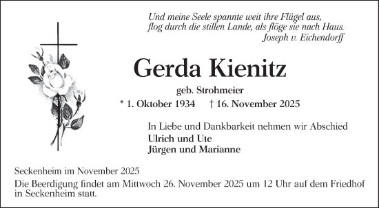 Traueranzeige von Gerda Kienitz von Mannheimer Morgen