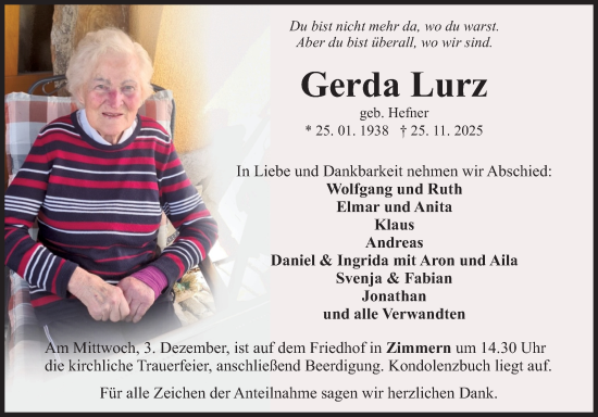 Traueranzeige von Gerda Lurz von Fränkische Nachrichten