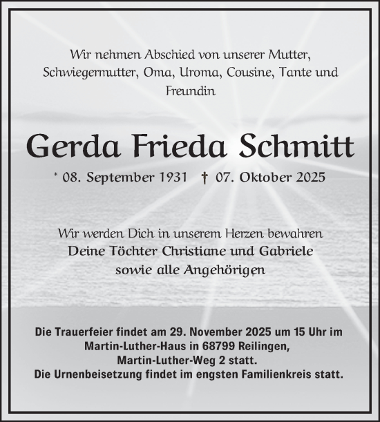 Traueranzeige von Gerda Frieda Schmitt von Mannheimer Morgen