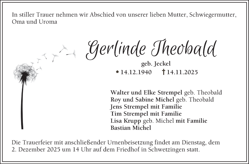  Traueranzeige für Gerlinde Theobald vom 29.11.2025 aus Schwetzinger Zeitung