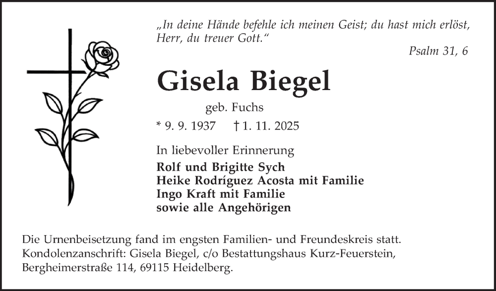  Traueranzeige für Gisela Biegel vom 22.11.2025 aus Schwetzinger Zeitung