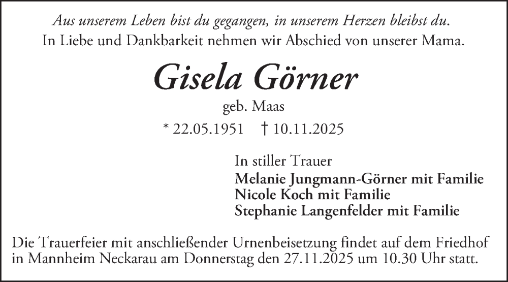  Traueranzeige für Gisela Görner vom 22.11.2025 aus Mannheimer Morgen