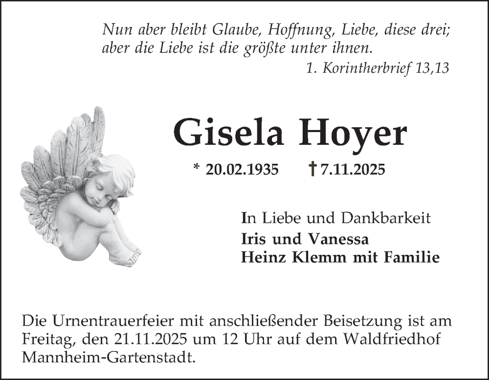  Traueranzeige für Gisela Hoyer vom 15.11.2025 aus Mannheimer Morgen