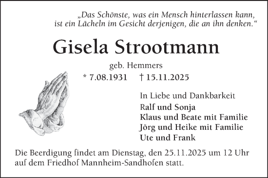 Traueranzeige von Gisela Strootmann von Mannheimer Morgen