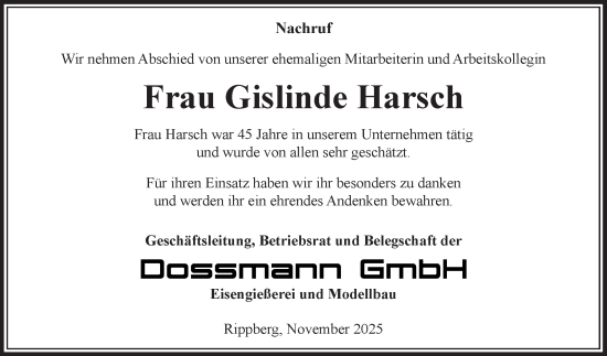 Traueranzeige von Gislinde Harsch von Fränkische Nachrichten