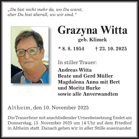 Traueranzeige von Grazyna Witta von Fränkische Nachrichten