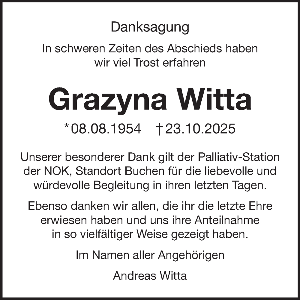  Traueranzeige für Grazyna Witta vom 24.11.2025 aus Fränkische Nachrichten
