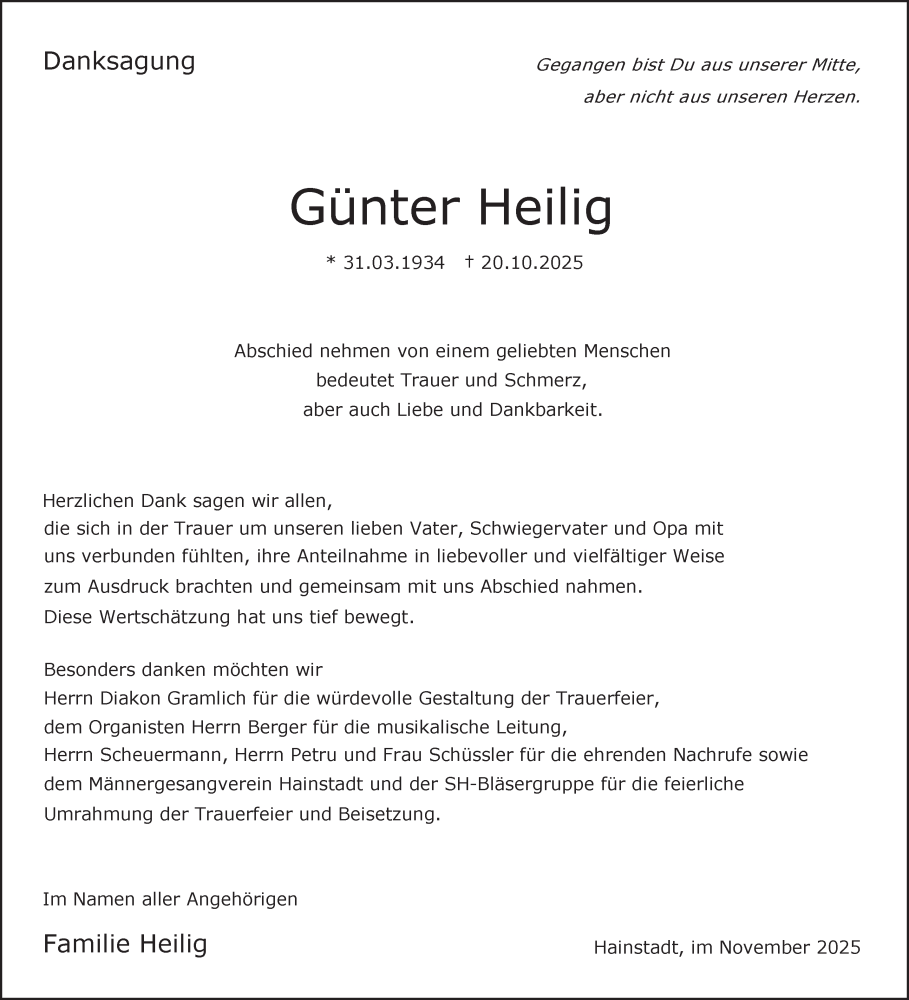  Traueranzeige für Günter Heilig vom 08.11.2025 aus Fränkische Nachrichten