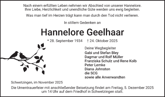 Traueranzeige von Hannelore Geelhaar von Schwetzinger Zeitung