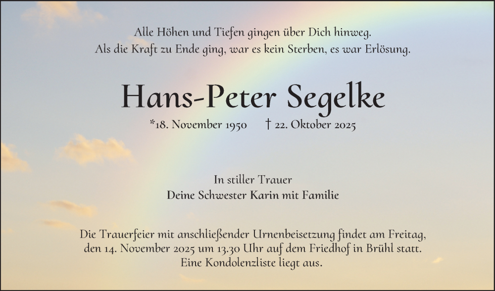  Traueranzeige für Hans-Peter Segelke vom 10.11.2025 aus Schwetzinger Zeitung