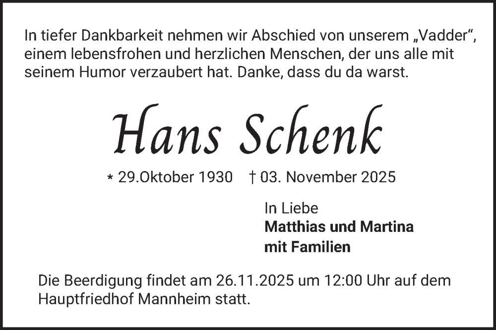  Traueranzeige für Hans Schenk vom 15.11.2025 aus Mannheimer Morgen