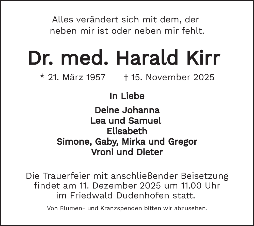  Traueranzeige für Harald Kirr vom 22.11.2025 aus Mannheimer Morgen