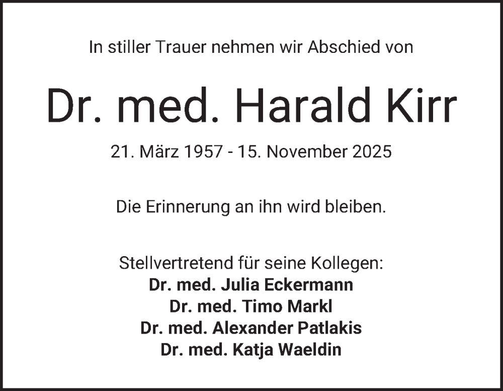 Traueranzeige für Harald Kirr vom 22.11.2025 aus Mannheimer Morgen