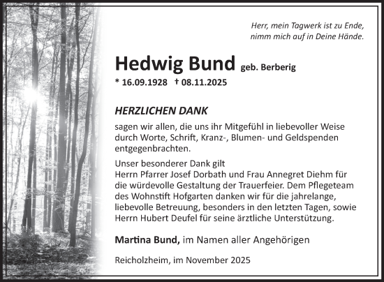 Traueranzeige von Hedwig Bund von Fränkische Nachrichten