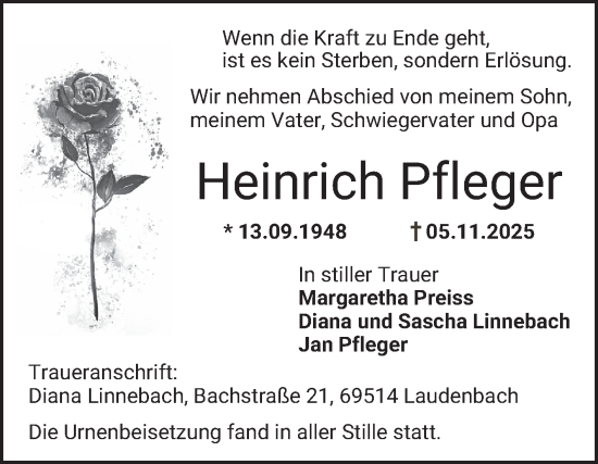 Traueranzeige von Heinrich Pfleger von Bergsträßer Anzeiger