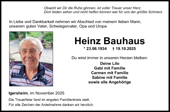 Traueranzeige von Heinz Bauhaus von Fränkische Nachrichten