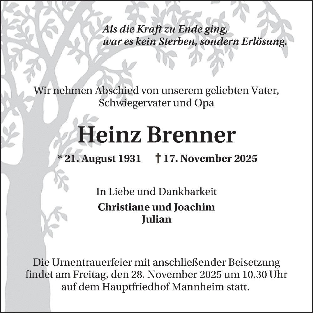  Traueranzeige für Heinz Brenner vom 22.11.2025 aus Mannheimer Morgen