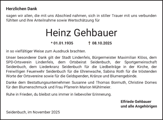 Traueranzeige von Heinz Gehbauer von Bergsträßer Anzeiger