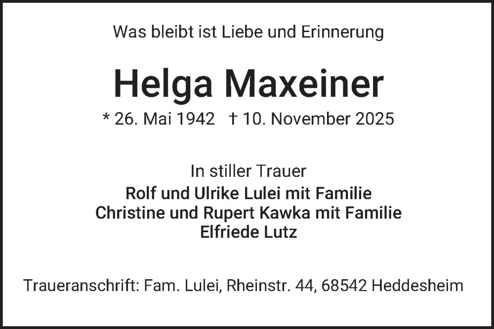  Traueranzeige für Helga Maxeiner vom 15.11.2025 aus Mannheimer Morgen