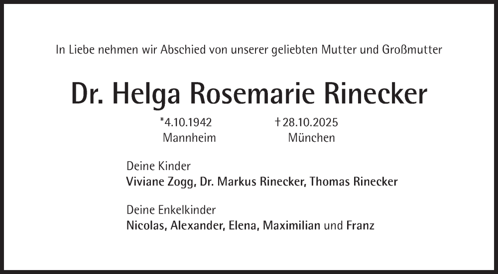  Traueranzeige für Helga Rosemarie Rinecker vom 08.11.2025 aus Mannheimer Morgen