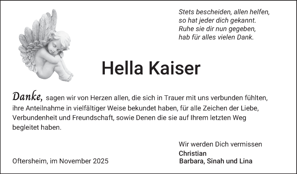  Traueranzeige für Hella Kaiser vom 15.11.2025 aus Schwetzinger Zeitung