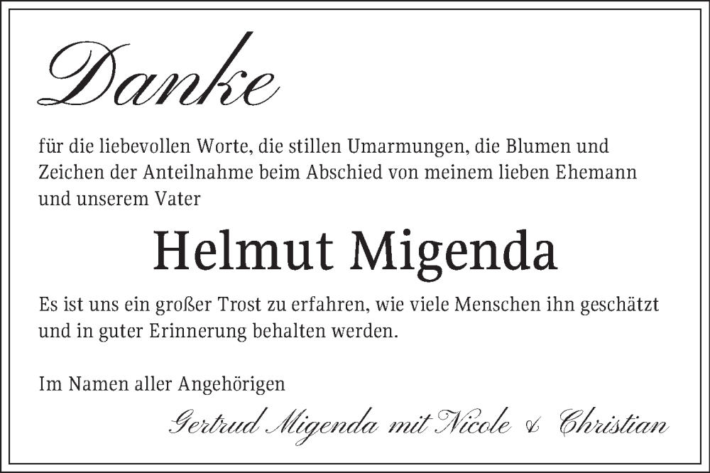  Traueranzeige für Helmut Migenda vom 29.11.2025 aus Mannheimer Morgen