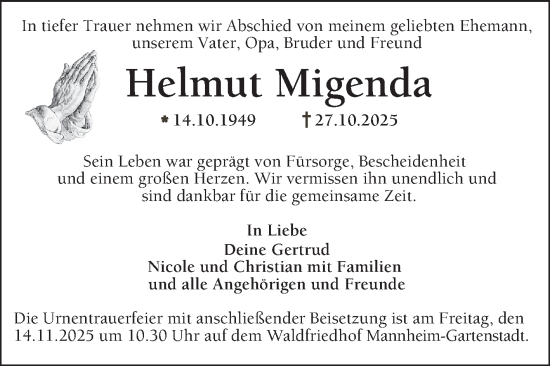 Traueranzeige von Helmut Migenda von Mannheimer Morgen