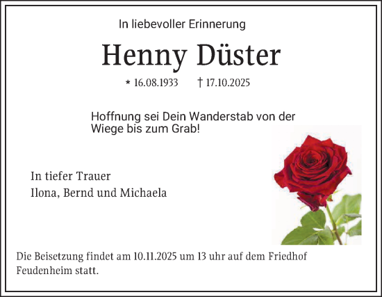 Traueranzeige von Henny Düster von Mannheimer Morgen