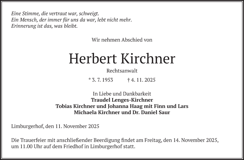  Traueranzeige für Herbert Kirchner vom 11.11.2025 aus Mannheimer Morgen