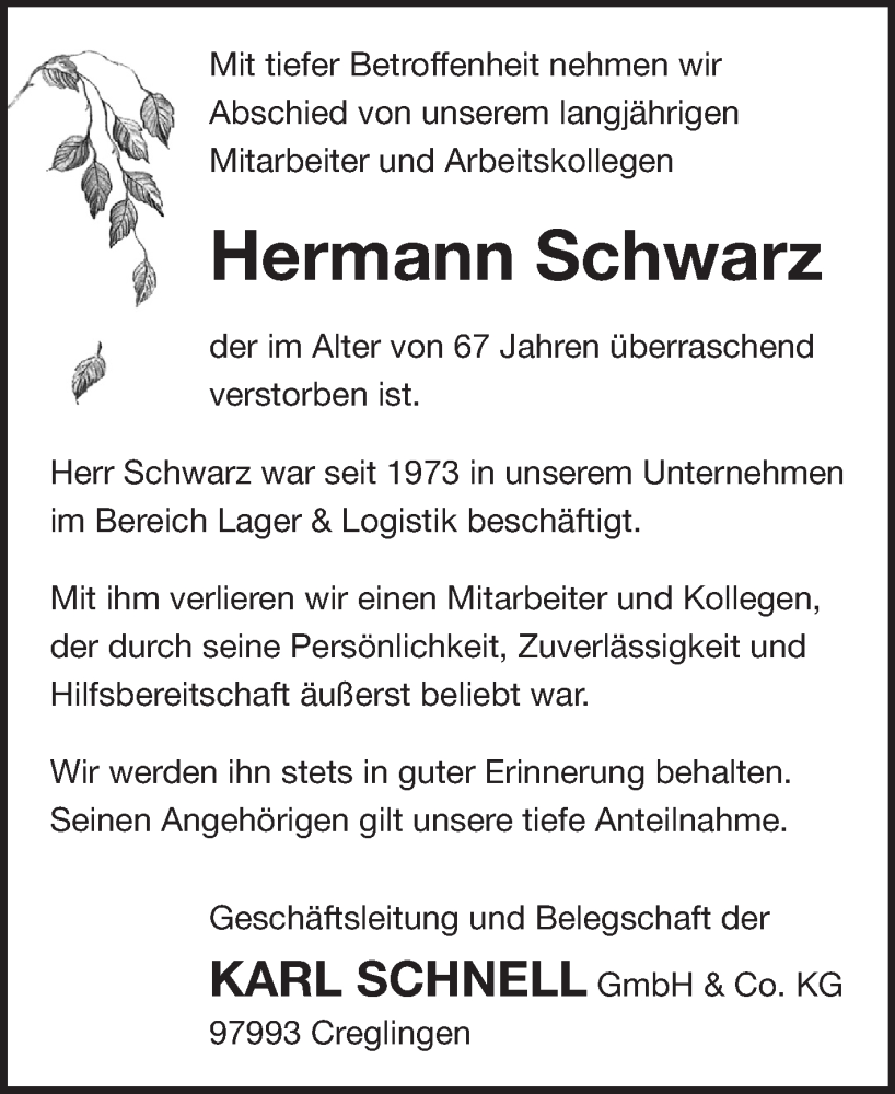  Traueranzeige für Hermann Schwarz vom 12.11.2025 aus Fränkische Nachrichten