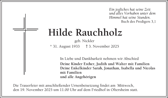 Traueranzeige von Hilde Rauchholz von Schwetzinger Zeitung