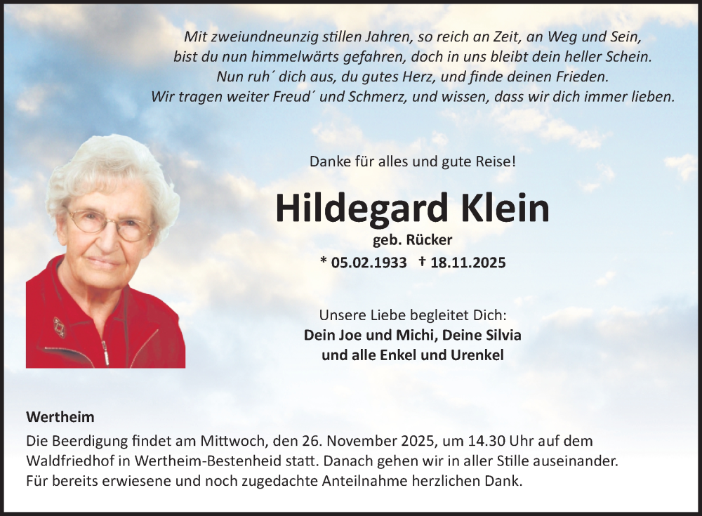  Traueranzeige für Hildegard Klein vom 22.11.2025 aus Fränkische Nachrichten