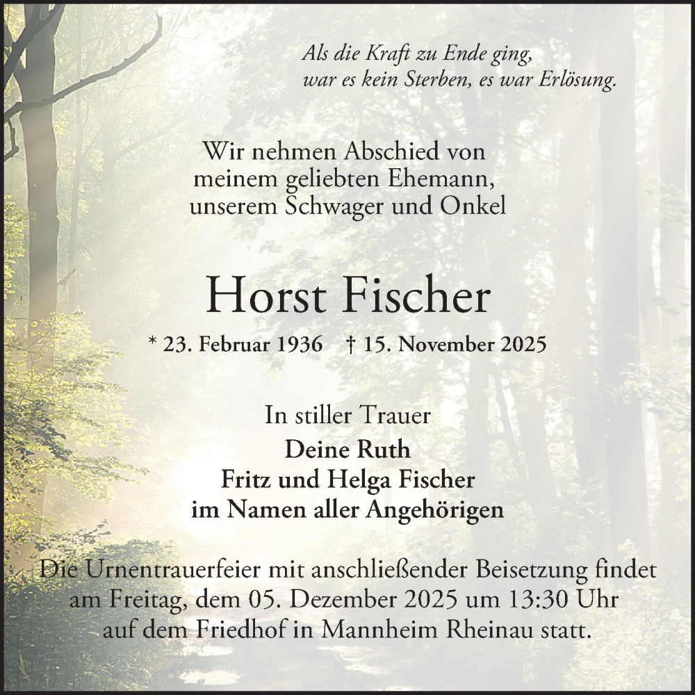 Traueranzeige für Horst Fischer vom 29.11.2025 aus Mannheimer Morgen