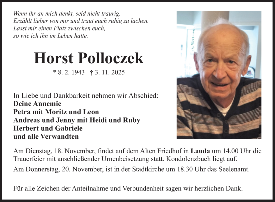 Traueranzeige von Horst Polloczek von Fränkische Nachrichten