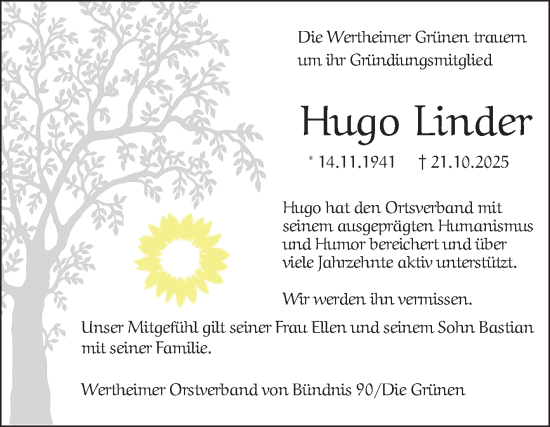 Traueranzeige von Hugo Linder von Fränkische Nachrichten